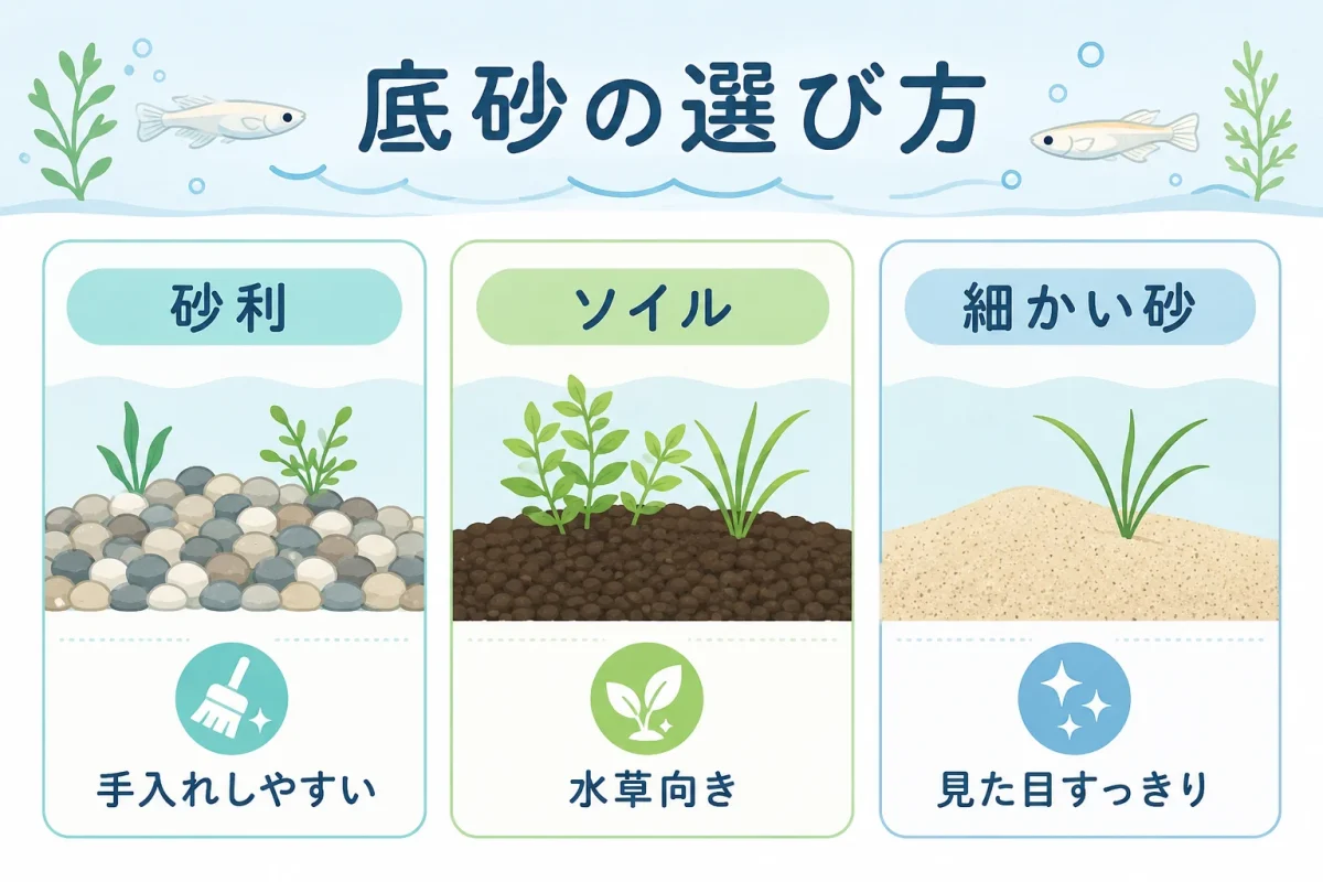 メダカに使う砂利・ソイル・細かい砂の違い