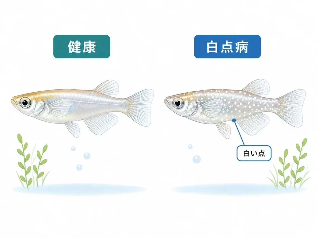 メダカの白点病で見られる体やヒレの白い点