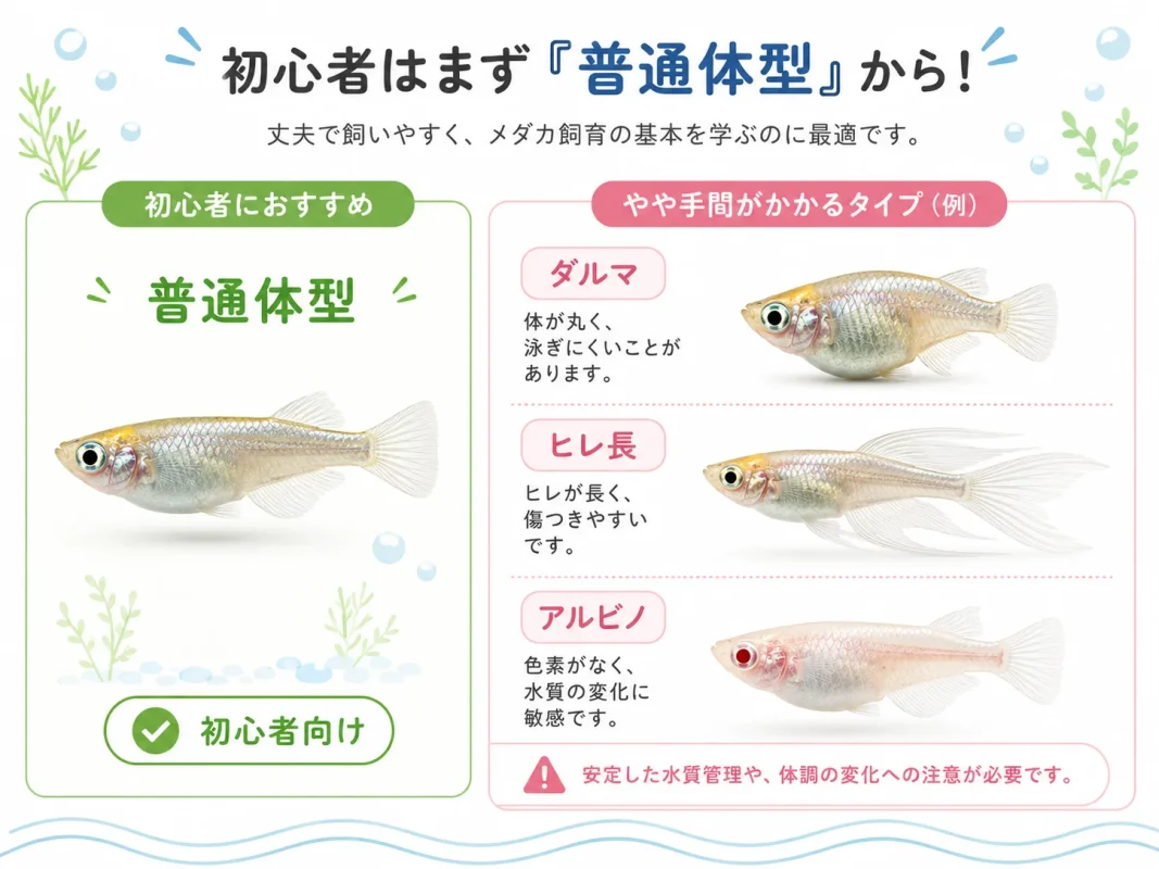 初心者がメダカを選ぶときの普通体型と特徴的な体型の違い