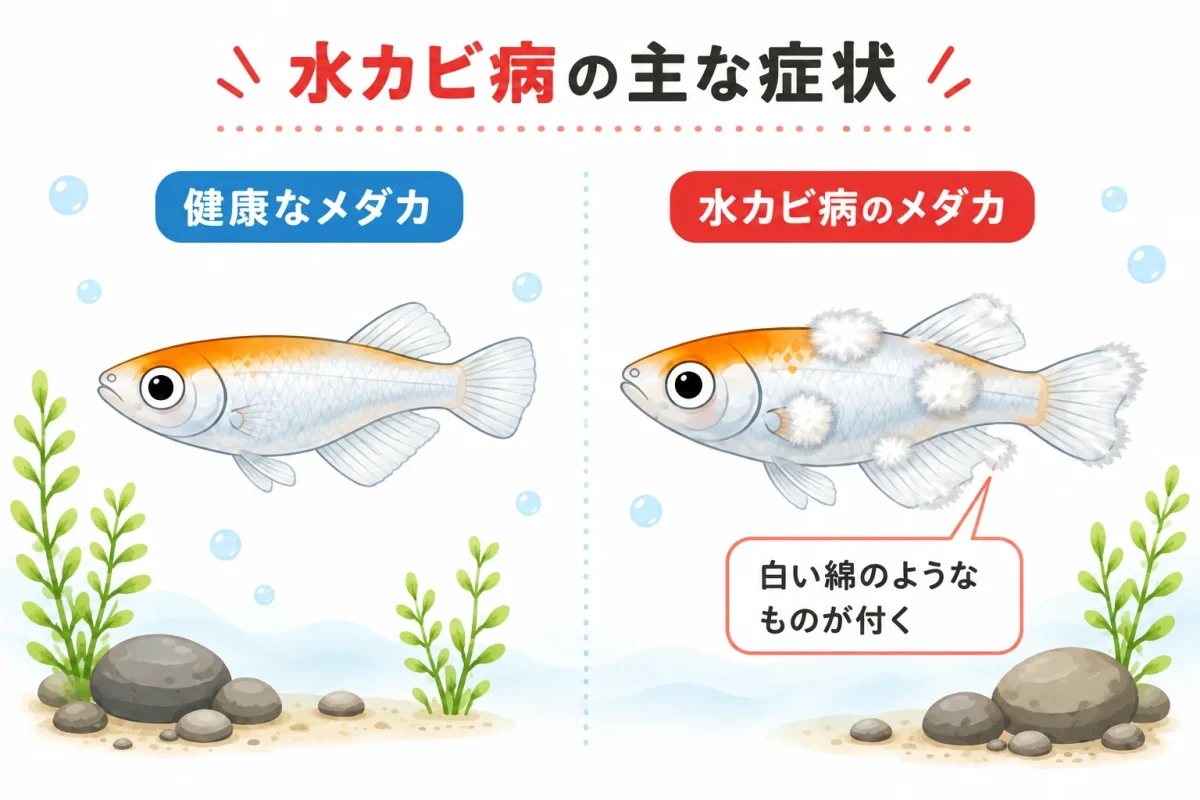 メダカの水カビ病で見られる白い綿状の症状
