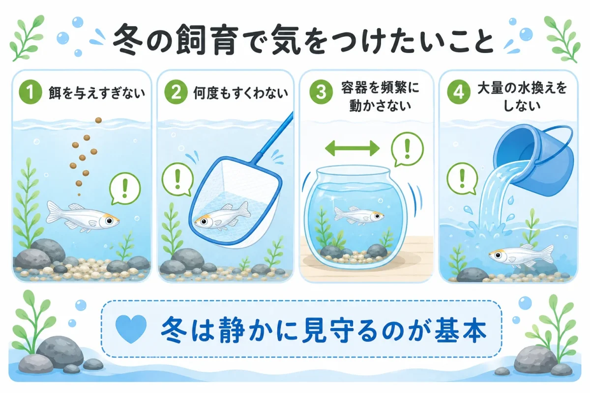 冬のメダカ飼育で避けたい餌の与えすぎや頻繁な刺激
