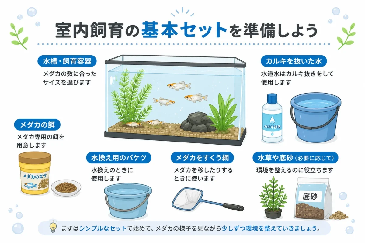 メダカの室内飼育を始めるために準備する基本的な飼育用品