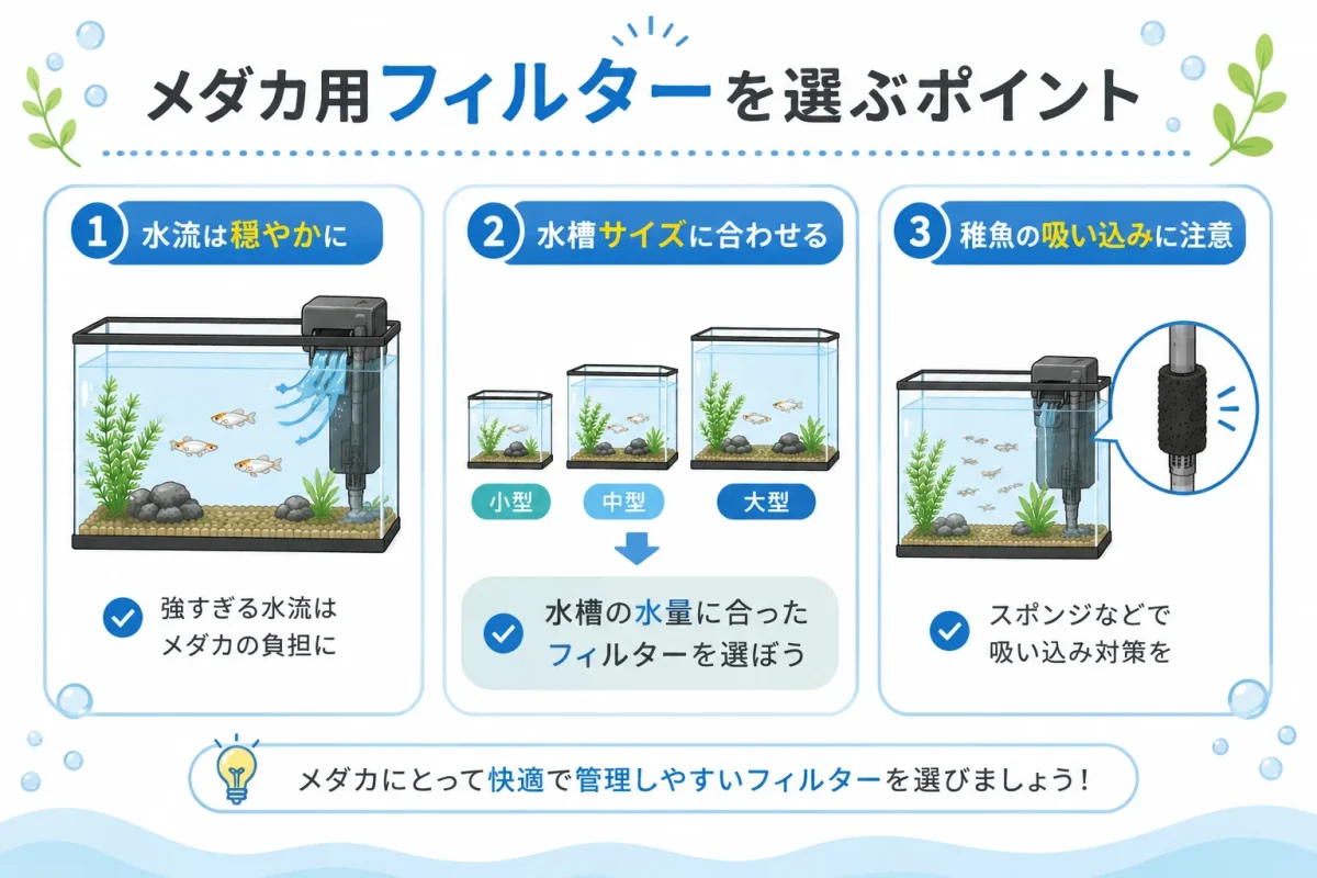 メダカ用フィルターを選ぶときに確認したい3つのポイント