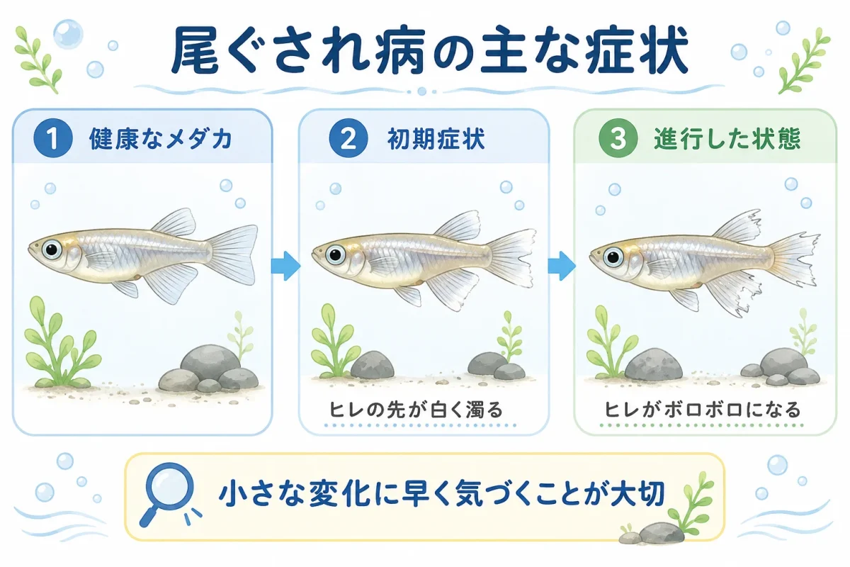 メダカの尾ぐされ病でヒレが白く濁り傷んでいく症状の比較