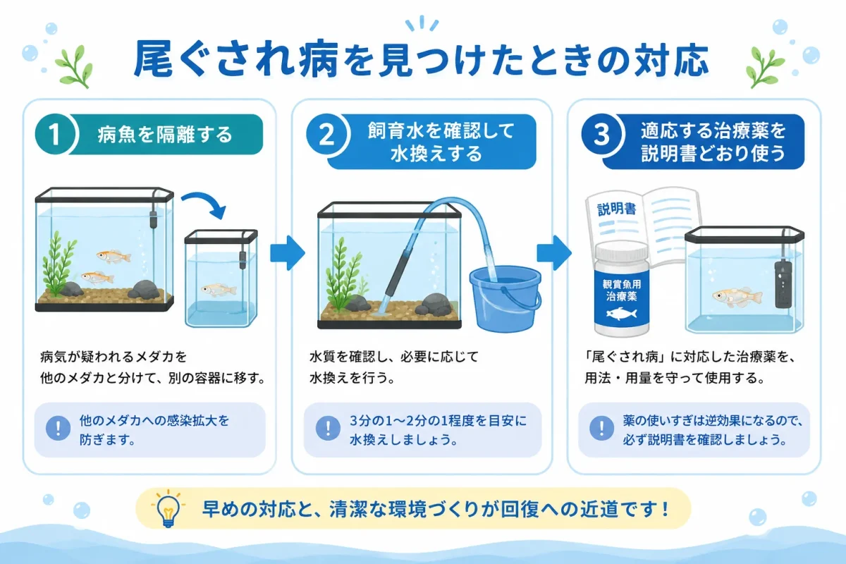 メダカの尾ぐされ病を見つけたときの隔離と水換えと薬浴の流れ