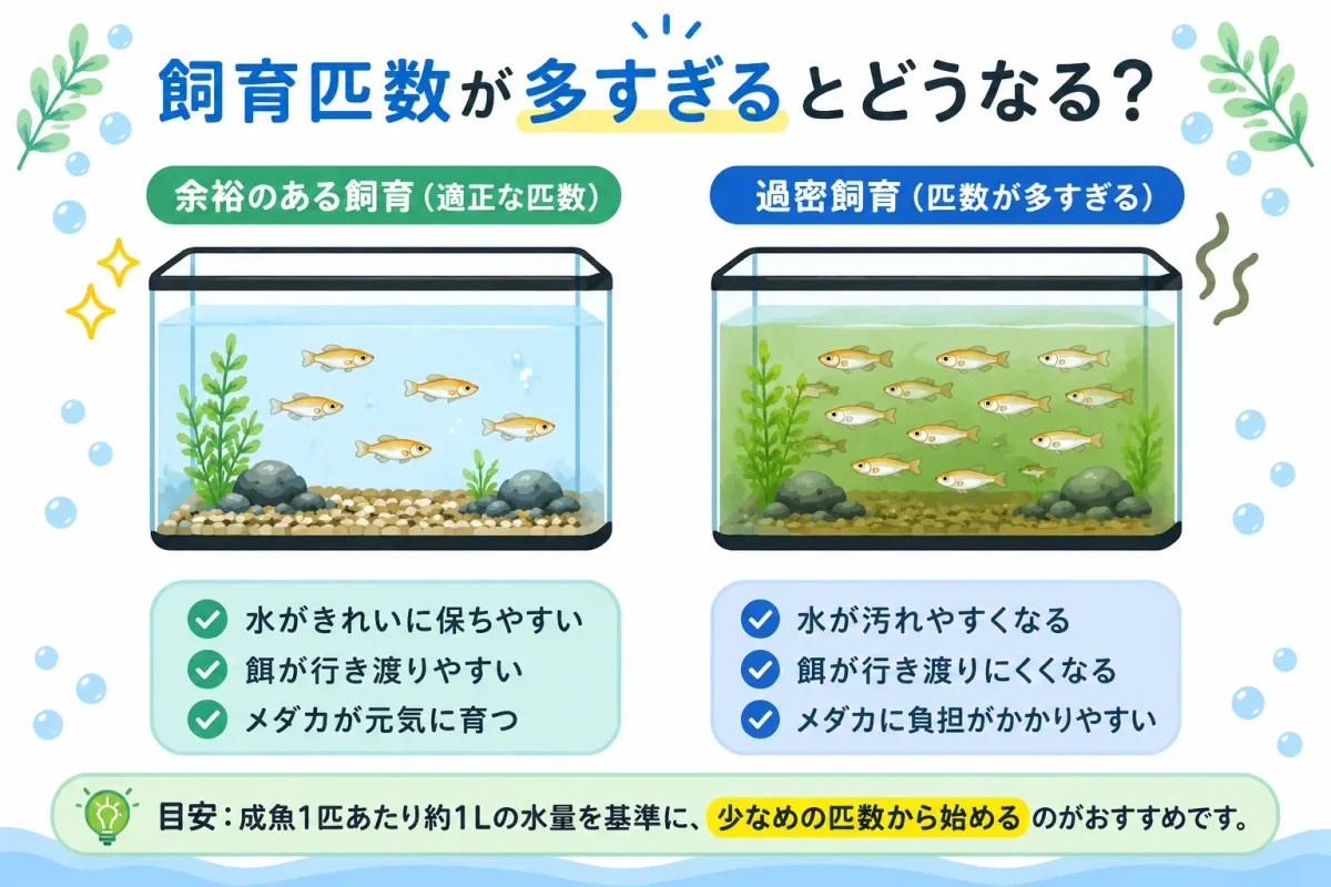 メダカを余裕のある匹数で飼育した場合と過密飼育の比較