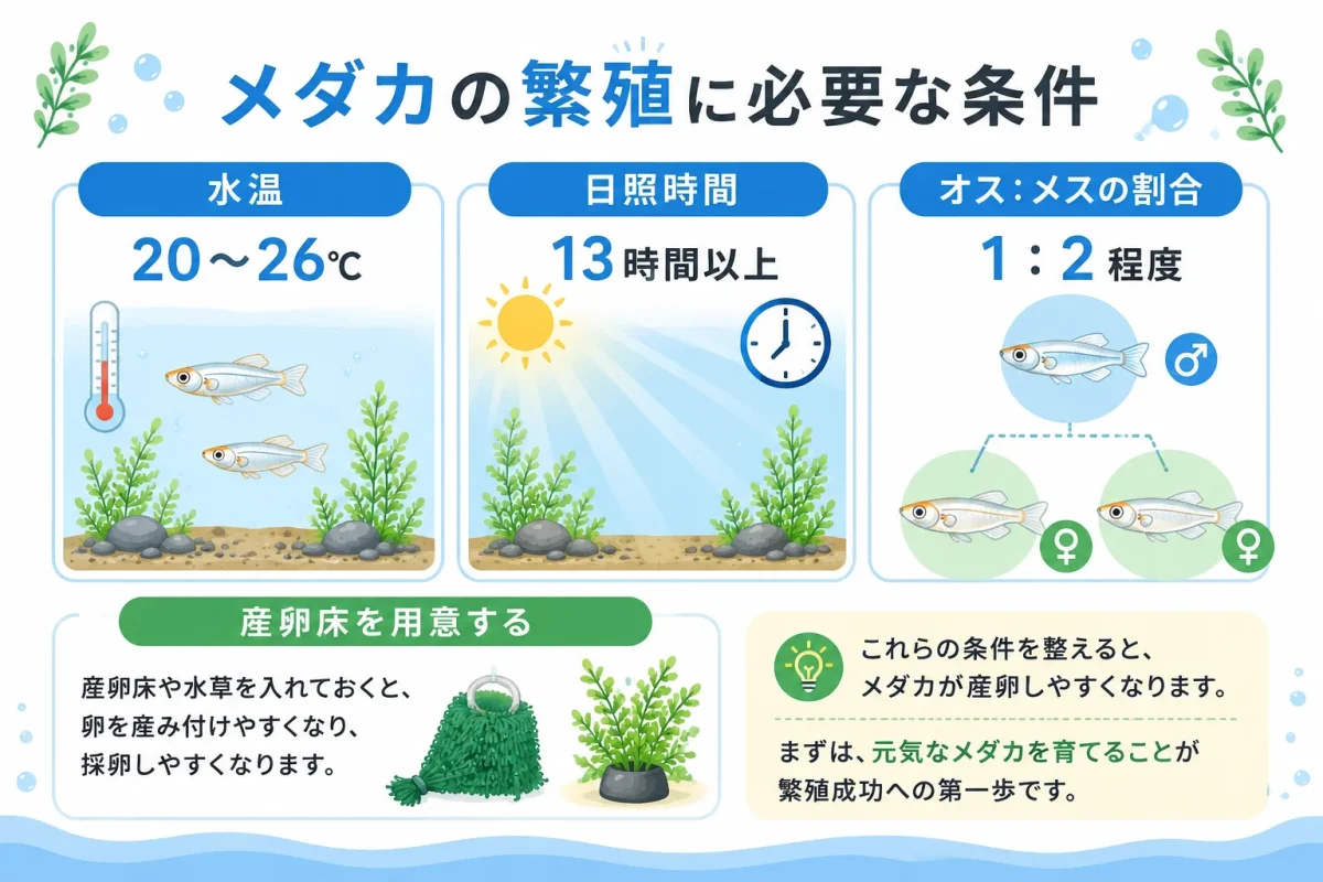メダカを繁殖させるための水温や日照時間とオスメスの準備