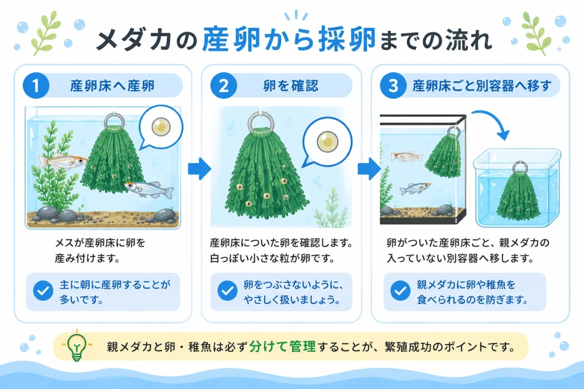メダカが産卵してから卵を親メダカと別容器へ移す流れ