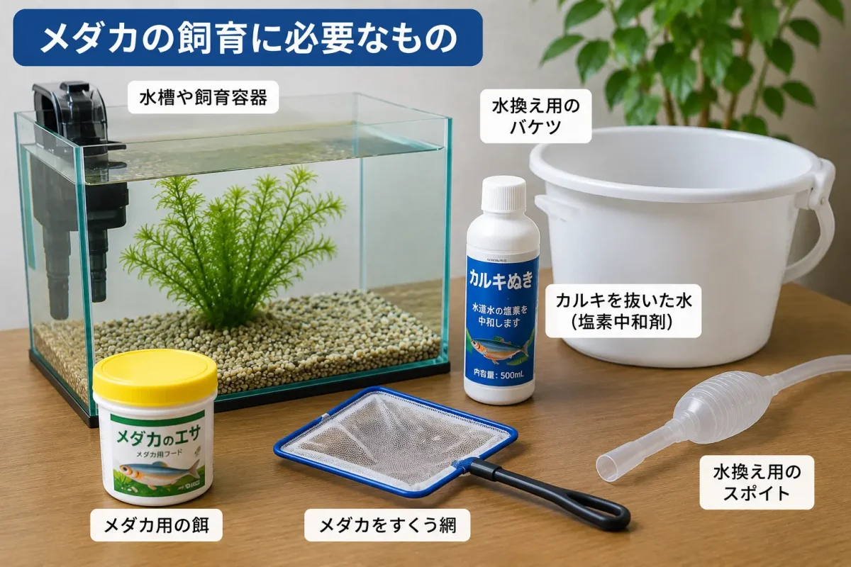 メダカの飼育に必要な水槽や餌などの基本用品
