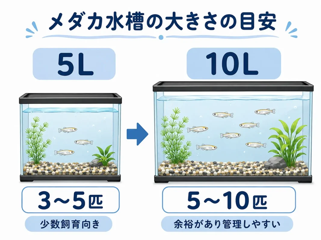 メダカの飼育数に合わせた5リットルと10リットル水槽の比較