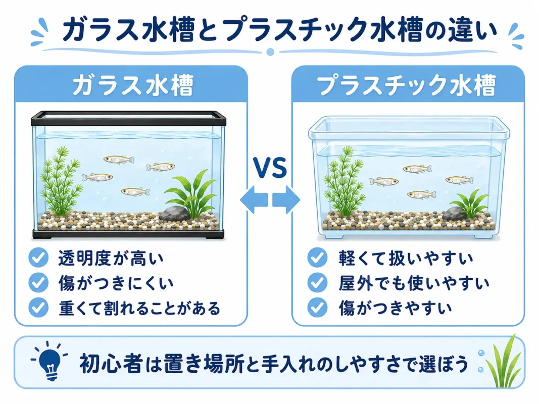メダカ飼育に使うガラス水槽とプラスチック水槽の違い