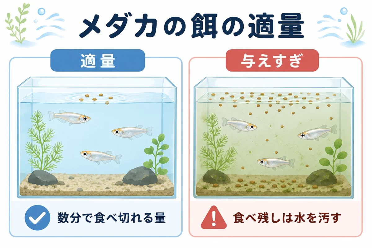 メダカの餌の適量と与えすぎを比較した図