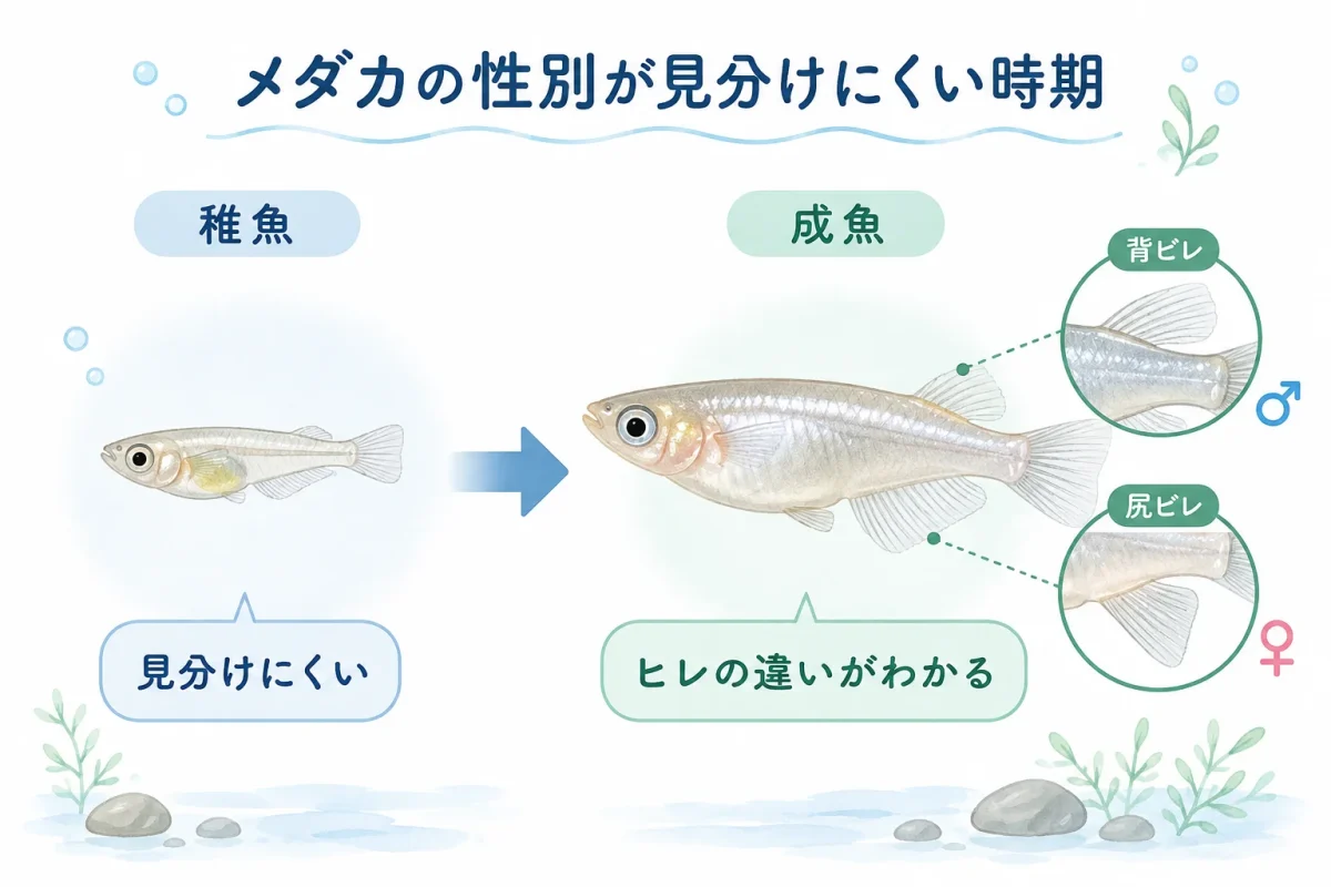 成長によってメダカのオスとメスを見分けやすくなる様子