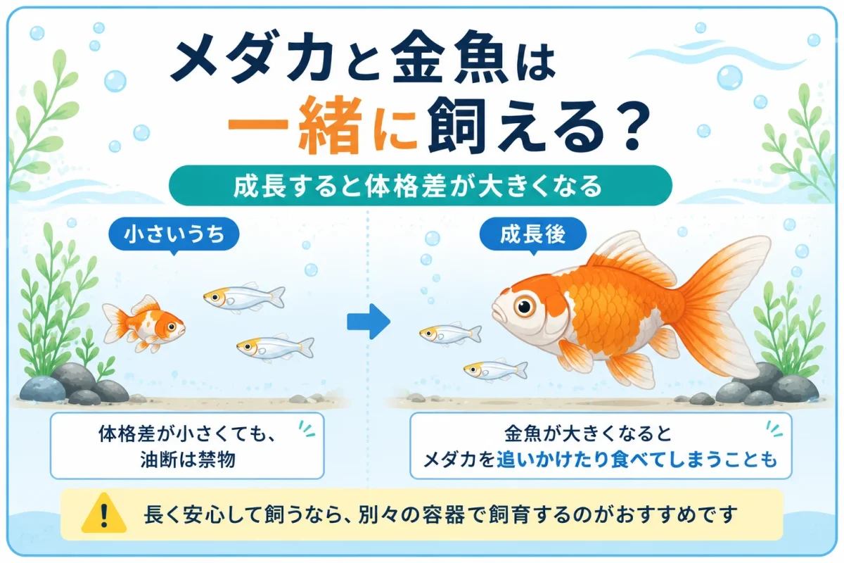 メダカと成長した金魚の体格差と混泳の注意点