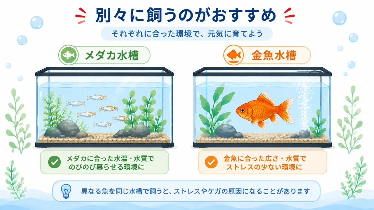 メダカと金魚を別々の水槽で飼育する様子