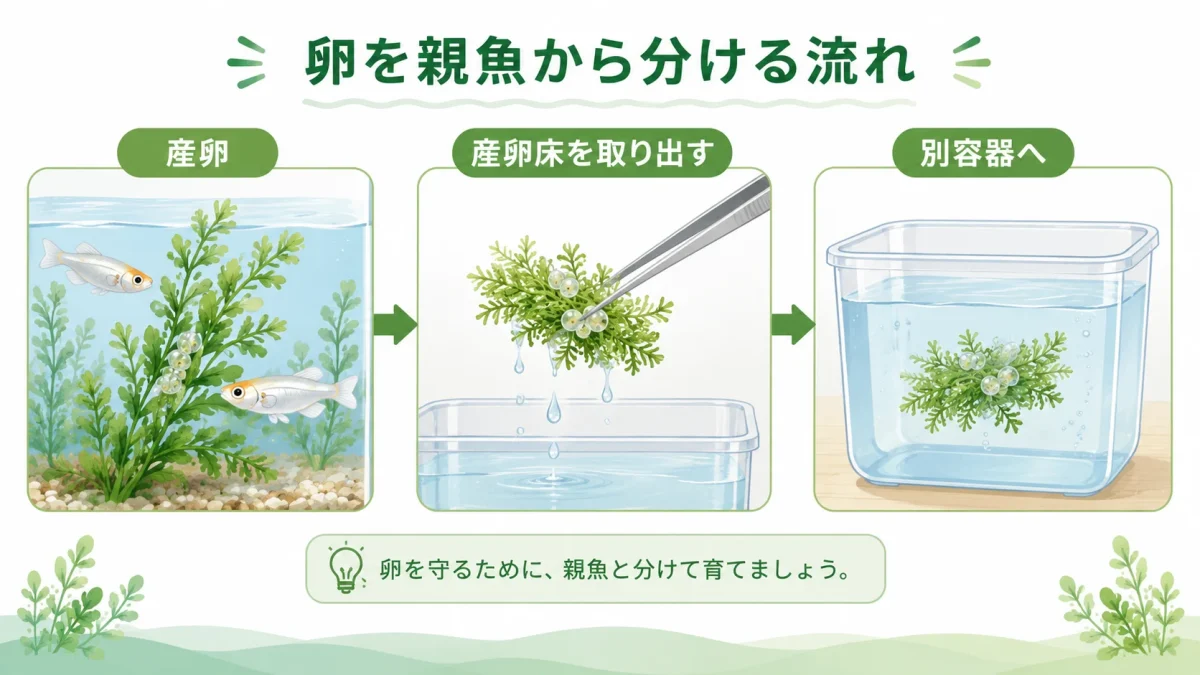 メダカの卵を産卵床ごと別容器へ移す流れ