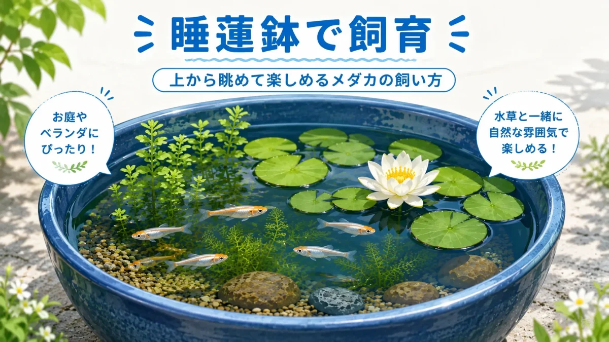 睡蓮鉢で水草と一緒に飼育されているメダカ