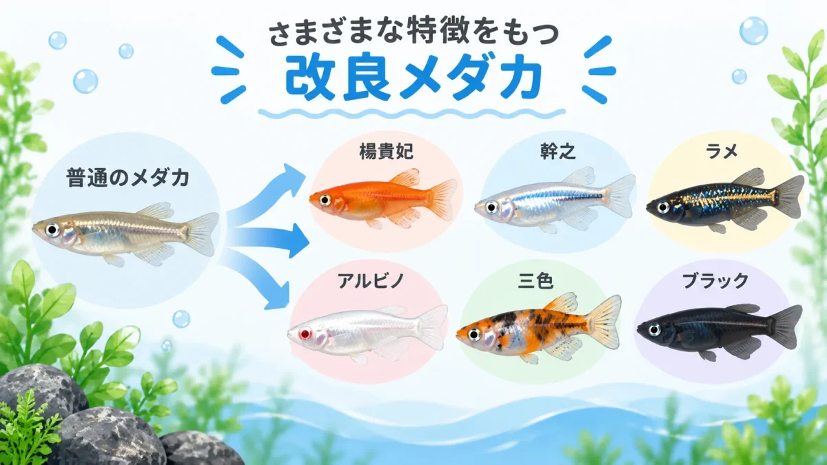 さまざまな体色や特徴を持つ改良メダカ