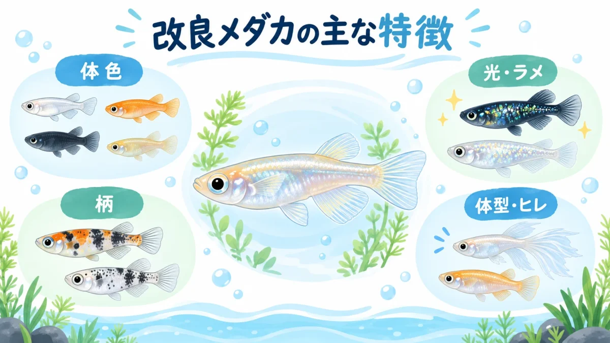 改良メダカの体色や光や柄や体型の特徴