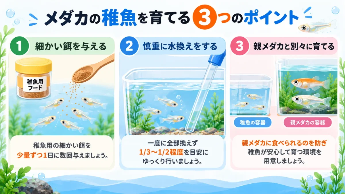 メダカの稚魚を育てる餌と水換えと隔離のポイント