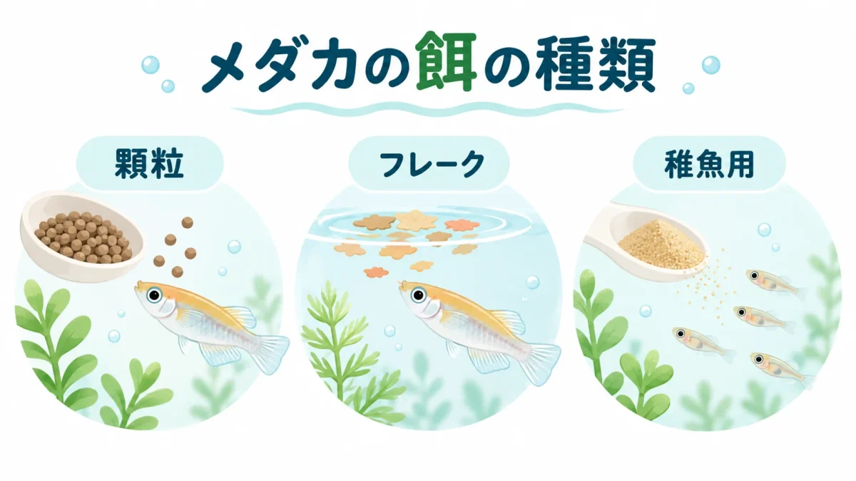 メダカ用の顆粒とフレークと稚魚用の餌の種類