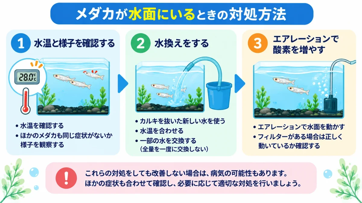 メダカが水面に浮いているときの水温確認と水換えとエアレーション