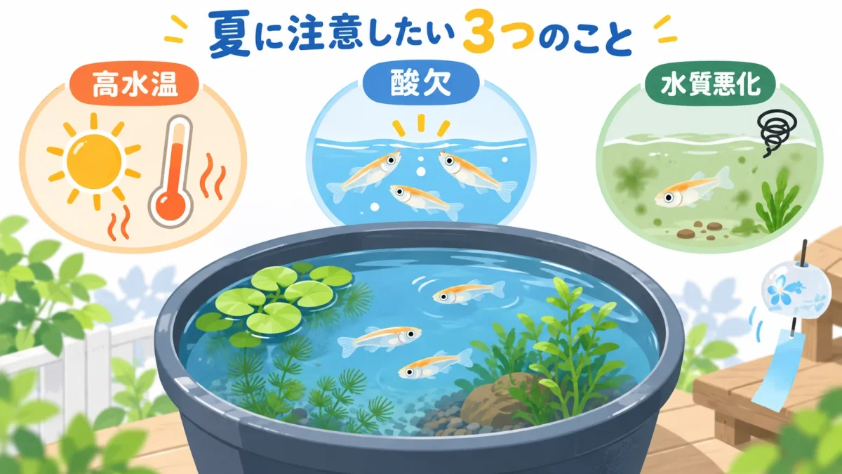 夏のメダカ飼育で注意したい高水温と酸欠と水質悪化