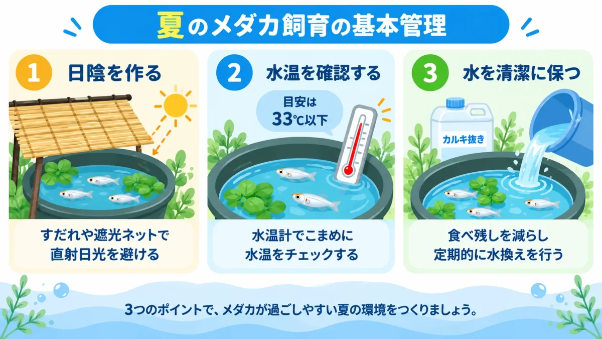 夏のメダカ飼育で行う日よけと水温確認と水換え