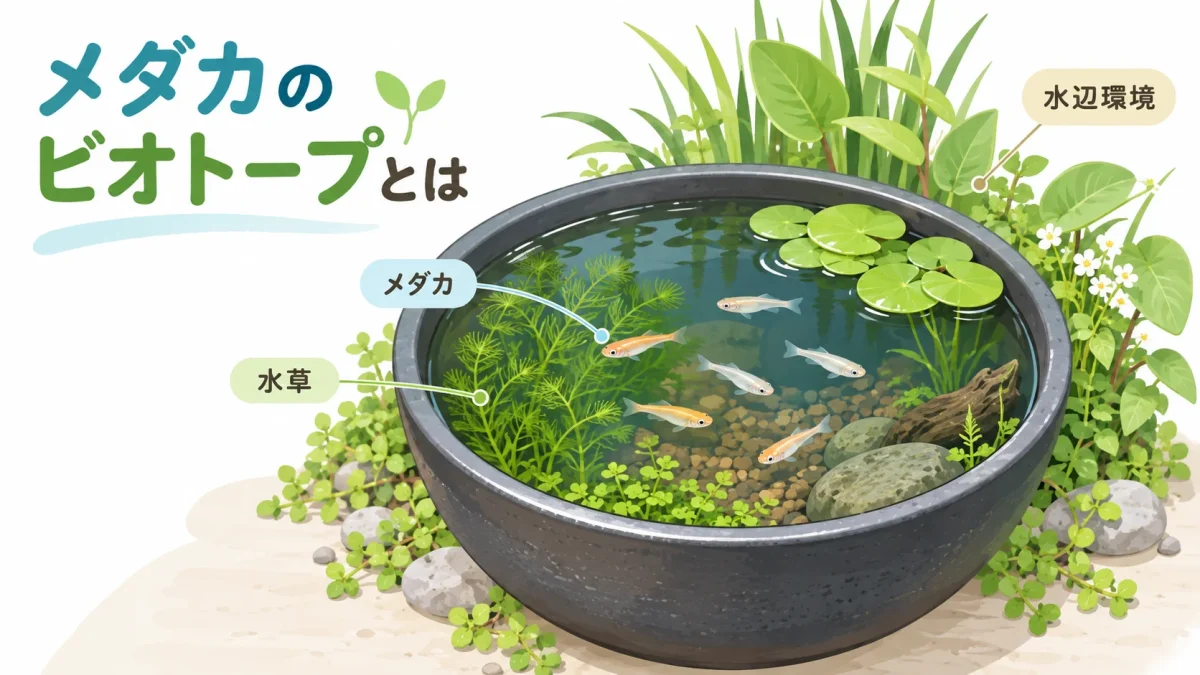 メダカと水草が暮らす小さなビオトープのイメージ