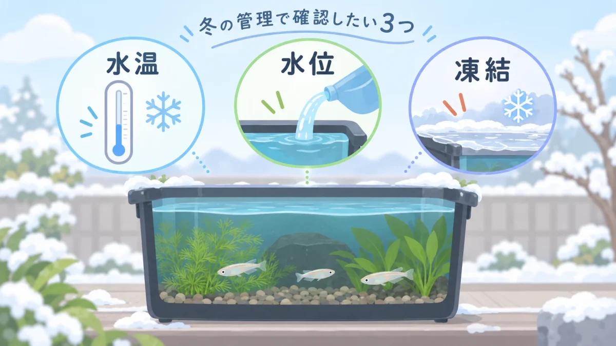 冬のメダカ飼育で確認する水温と水位と凍結