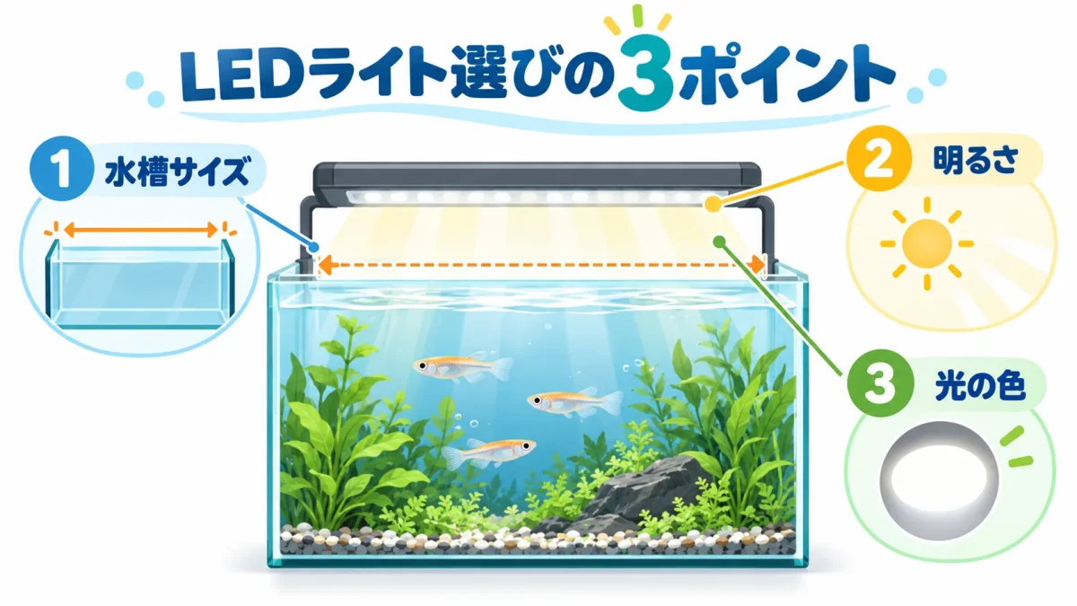 メダカ水槽のLEDライトを選ぶ水槽サイズと明るさと光の色