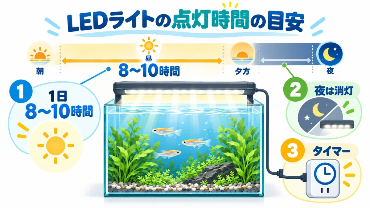 メダカ水槽のLEDライトを1日8〜10時間点灯するイメージ