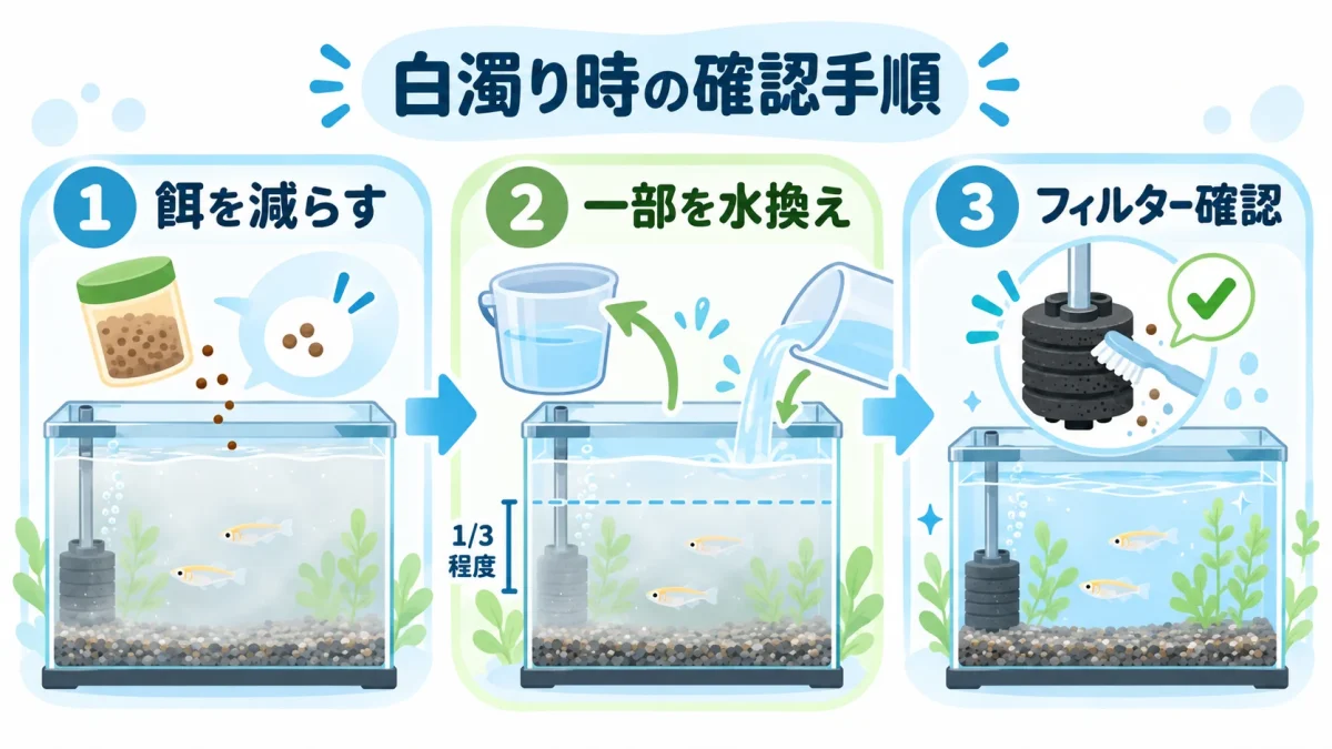 メダカ水槽が白く濁ったときの餌と水換えとフィルター確認
