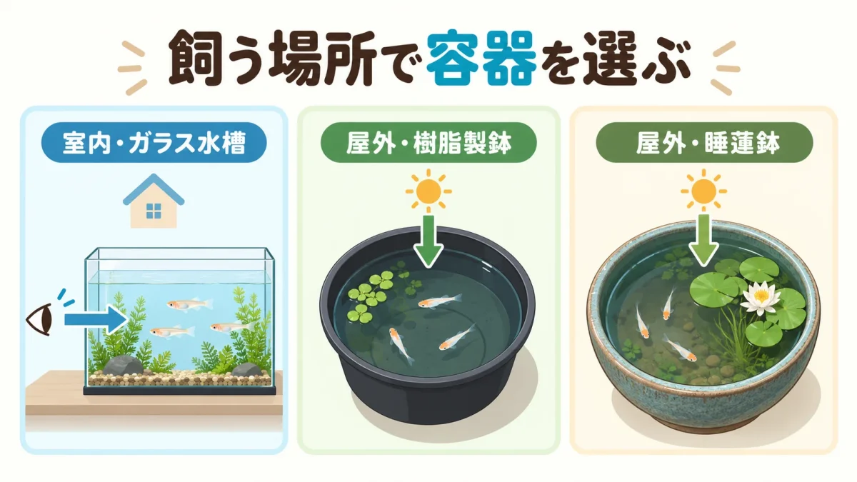 室内のガラス水槽と屋外の飼育鉢・睡蓮鉢を、メダカの観察方法で比較した図