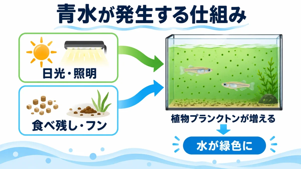 日光や照明と、食べ残しやフンの栄養によってメダカの青水が発生する仕組み
