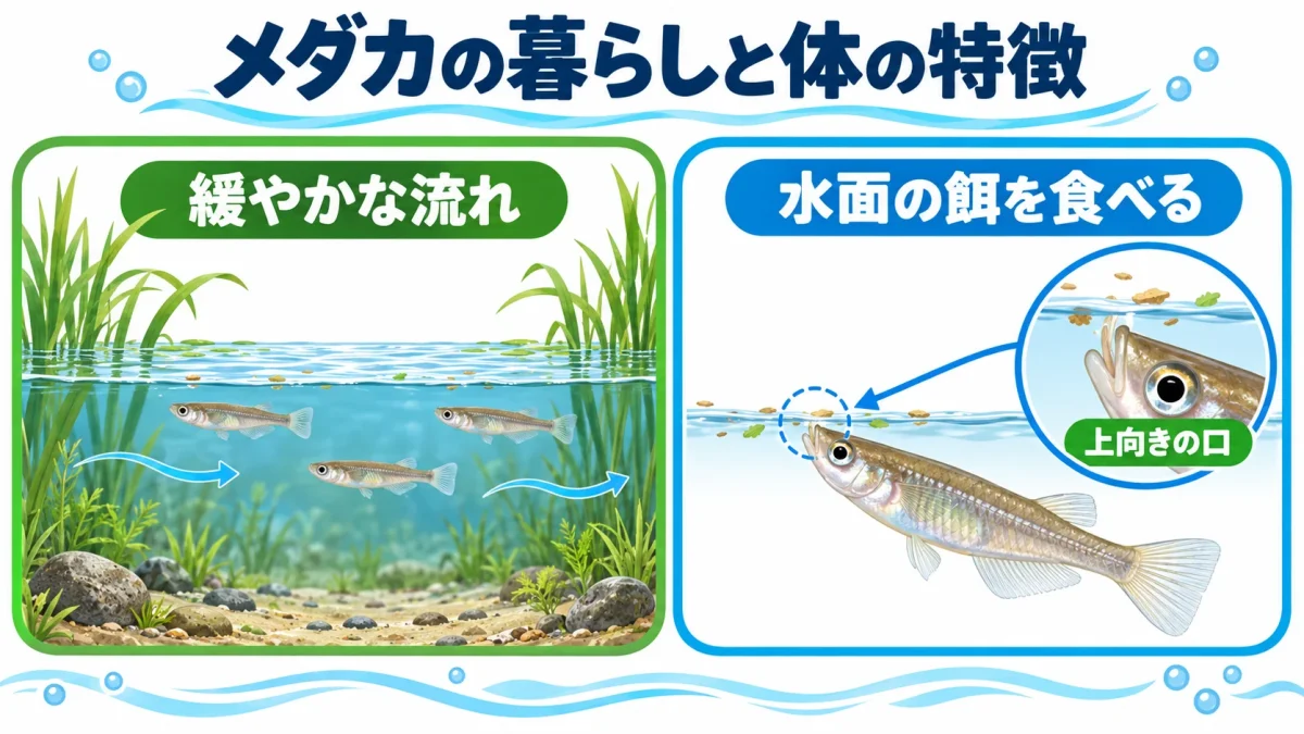 メダカが好む緩やかな流れと、水面近くで餌を食べる特徴を示した図