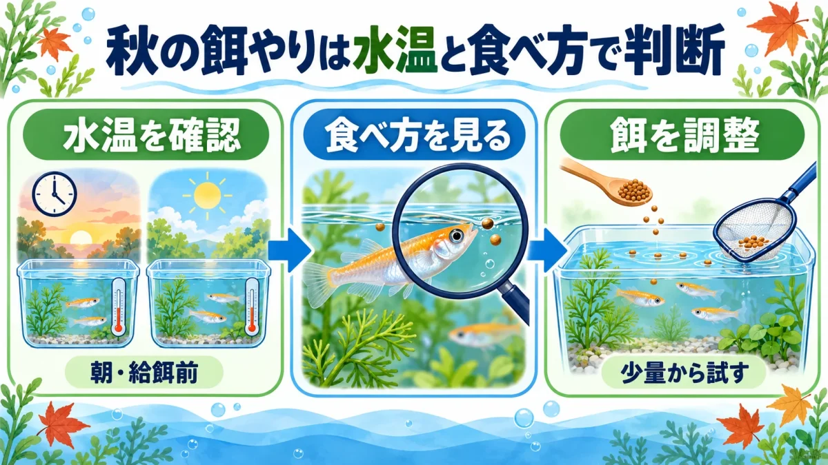 朝と給餌前の水温を確認し、メダカの食べ方に合わせて餌を調整する流れ