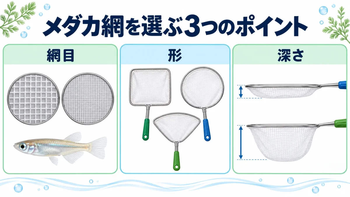 メダカ網の網目、枠の形、網の深さを比較して用途に合わせて選ぶ図