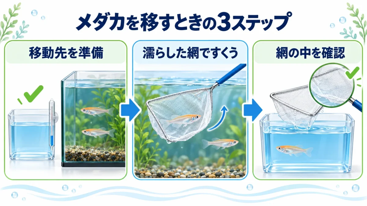 移動先を準備し、濡らした網でメダカをすくい、移した後に網の中を確認する手順