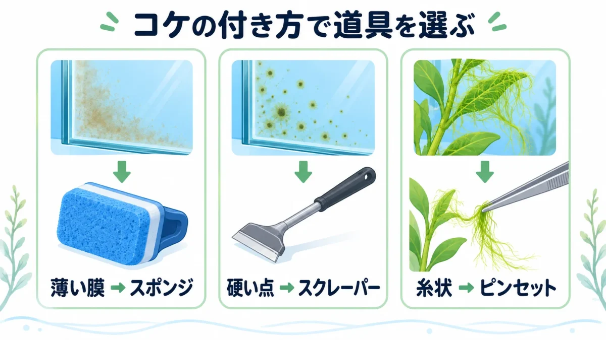 壁面の膜、硬い点、糸状のコケを見分けて掃除道具を選ぶ図