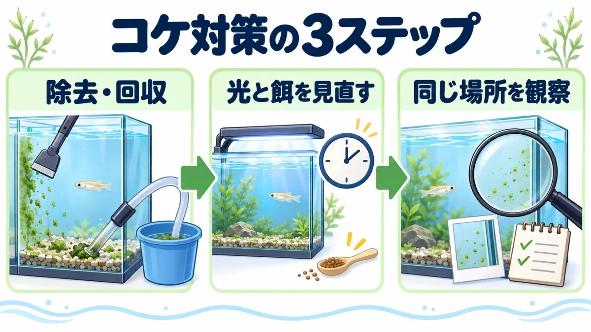 コケを除去して回収し、光と餌を見直して、同じ場所の再発を観察する流れ