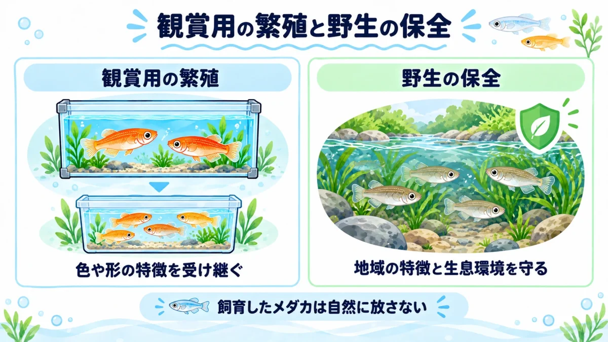 観賞用メダカの特徴を受け継ぐ繁殖と、野生メダカの地域ごとの特徴を守る保全の違い
