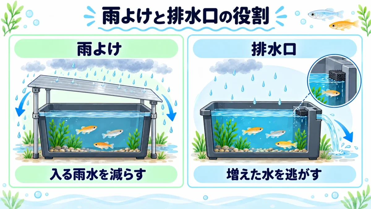 雨よけで雨水の流入を減らす方法と、排水口で増えた水を逃がす方法の違い
