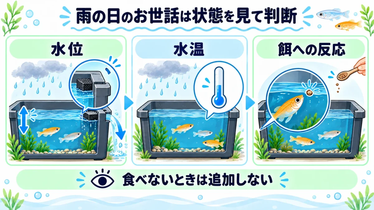 雨の日に水位、水温、餌への反応を確認して世話を判断する流れ
